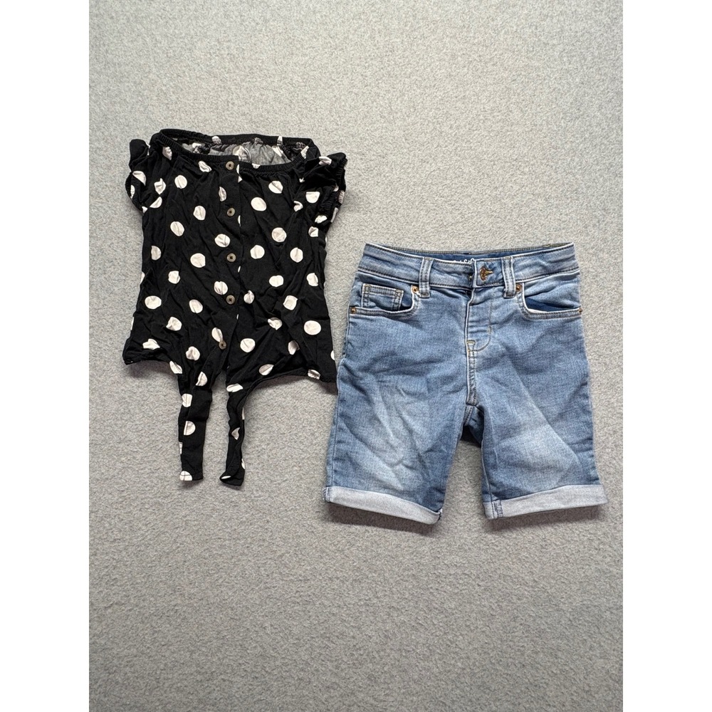 Wonder Nation Polka‎ Dot Top & Cat Jack Denim Bermuda Shorts Girls Set Size 5 6X